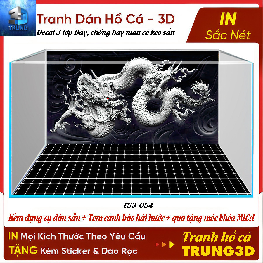 Tranh 3D dán hồ cá tranh Rồng Trắng nền đen sông Decal 3 lớp chống bay màu có keo sẵn