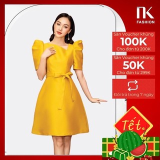 Váy Thiết Kế Dự Tiệc NK Fashion Cổ Lệch Dáng Xoè, Vải Gấm Hàn Quốc Cao Cấp NKDV2012026