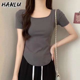 Hanlu Nữ Mới Hot Girl Phong Cách Áo Thun Mỏng Mỏng Thường Ngày Không Đều Cổ Vuông Tay Ngắn