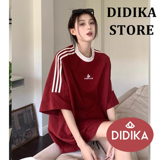 DIDIKA Áo thun nữ sọc Cotton nguyên chất thả vai dáng rộng in hình áo thun ngắn tay