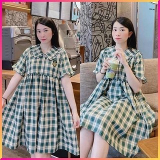 Đầm váy babydoll caro cổ sen bèo dáng xoè tay ngắn, đầm bầu đẹp trẻ trung, váy babydoll dễ thương, đầm tiểu thư l34