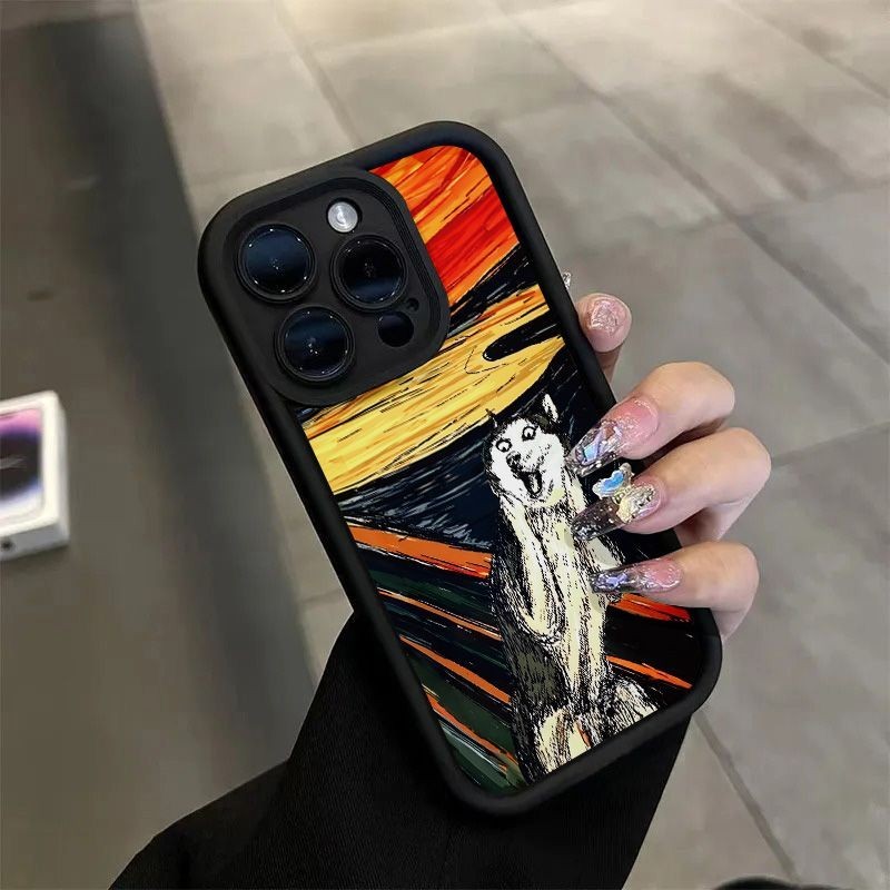 Thích hợp cho IPhone 11 12 Pro Max X XR XS Max SE 7 Plus 8 Plus IPhone 13 Pro Max IPhone 14 15 Pro Max Ốp điện thoại Munch Tranh vẽ la hét Siberian Husky Chú chó vui nhộn