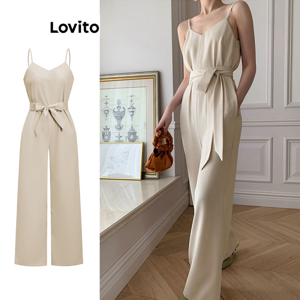 Jumpsuit Lovito xếp ly màu trơn thường ngày cho nữ L80ED344