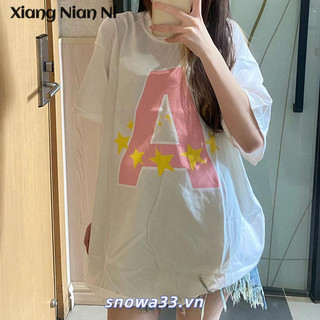 Xiang NIAN NI Túi cotton nguyên chất cổ điển in hình ngôi sao áo thun ngắn tay cổ điển dành cho nữ dáng rộng phong cách Harajuku Châu Âu và Mỹ thương hiệu thời trang sang trọng hàng đầu