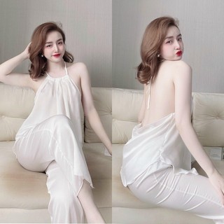 Yếm xếp ly quần dài lụa satin trơn mềm nhẹ mặc mát đồ ngủ freesize < 58kg