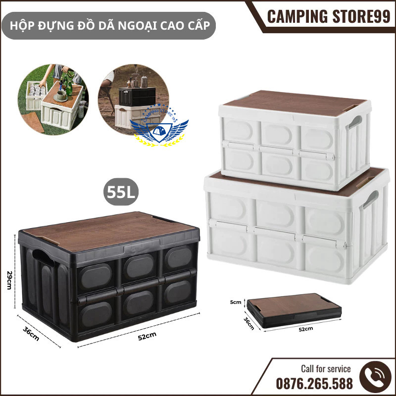 Bàn camping gấp gọn kết hợp hộp đựng đồ đa năng bằng nhựa, nắp gỗ MDF để đi cắm trại, dã ngoại, picnic Tiện lợi- DCP6