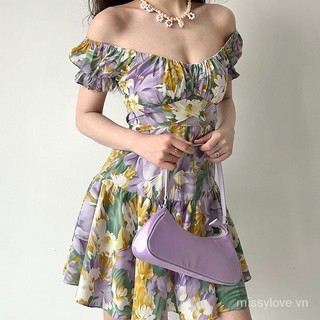 Đầm Mỡ mm Họa Tiết Hoa Ngắn Tranh Sơn Dầu Nữ Pháp Retro Mùa Hè Tay Ngắn Plus Kích Thước Dây Đeo Sau Tay Phồng 9UIY