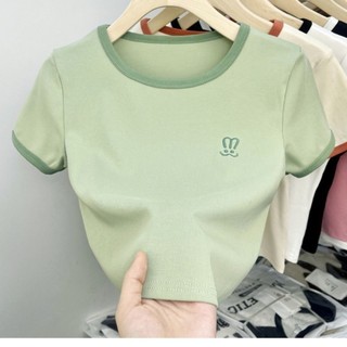 Màu sắc tương phản, thêu, cổ tròn, áo thun nữ, mùa hè, phong cách mới, gợi cảm, đơn giản, vừa vặn, phong cách ngắn, tay ngắn G35W