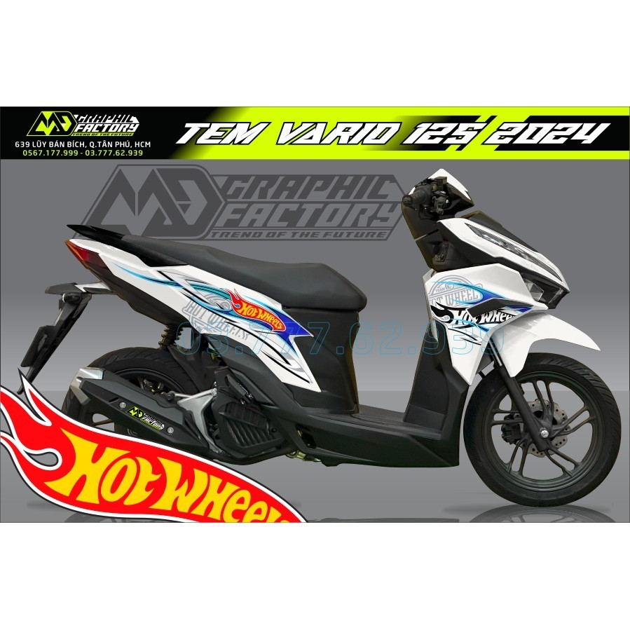 Tem rời Vario 125 2023 2024 xe trắng - mẫu lửa Hot Wheels xanh lạ mắt - cực ngầu