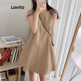 Đầm midi Lovito kiểu suông chữ A dáng dài không tay cổ tròn màu trơn thường ngày cho nữ LNE09199 (Kaki)