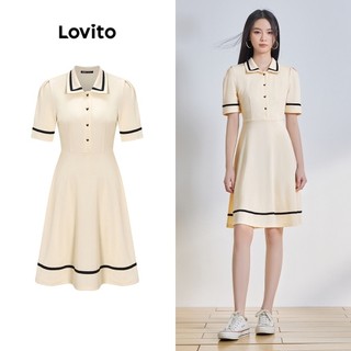 Đầm midi LOVITO váy polo nữ đơn giản nhẹ nhàng cổ polo xếp nếp nút kim loại phối viền tương phản màu trơn phong cách thường ngày L65ED114 (màu trắng)