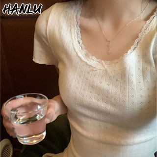 HANLU Áo thun cổ chữ U chắp vá ren trắng mới dành cho nữ có áo vừa vặn