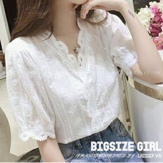 Áo sơ mi nữ tay phồng Bigsize Áo ren tiểu thư kiểu form rộng cổ chữ v trắng mùa hè Phong cách Hàn Quốc Thời Trang đẹp