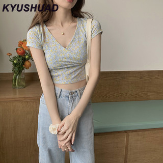 Áo thun hoa KYUSHUAD thiết kế nữ dáng ôm tay ngắn phong cách Hàn Quốc cổ chữ v ngắn lưng cao cấp áo hottie top dành cho nữ