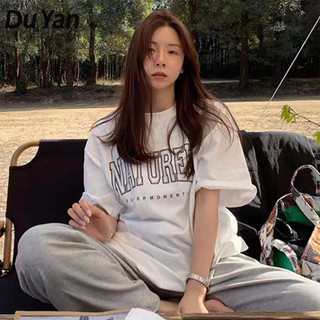 Du YAN Áo thun in hình đa năng mới dành cho nữ in chữ ngắn tay cotton nguyên chất thời trang dáng rộng kiểu Mỹ dành cho nữ