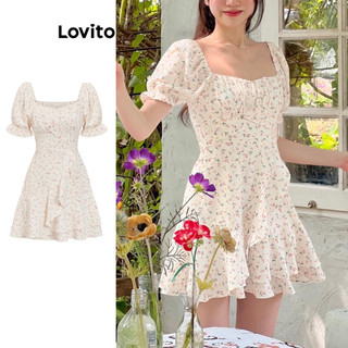 Đầm Lovito buộc dây diềm xếp nếp họa tiết hoa nhí phong cách thường ngày dành cho nữ L80ED287
