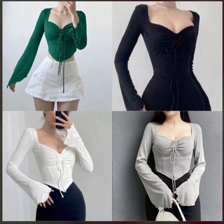 Áo thun kiểu nữ tay dài tà xéo nhọn rút dây siêu tôn vòng 1 đẹp chuẩn hình Top Women