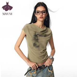 Xiyuyi Nữ Mới Hot Girl Ren Ngắn Tay Cotton Áo Thun Slim Fit Top