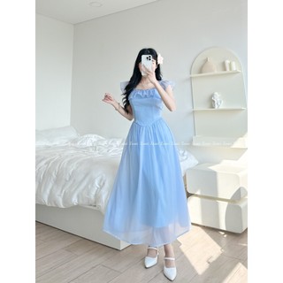 Đầm maxi 2 dây màu xanh dương đi biển tay bèo bẹt vai thiết kế dáng xòe bồng bềnh xinh xắn ZOMI C001