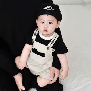 [ Áo + yếm ] Bộ body ngắn tay bodysuit Babyshop88vn cho bé trai bé gái M8.2.25-1 Jumpsuit mẫu áo đen yếm be