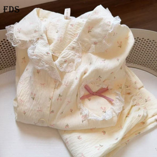 Bộ đồ ngủ hoa nhỏ thanh lịch mùa xuân FDS cho phụ nữ, áo cardigan dài tay, bộ đồ cotton tulip, bộ đồ hai mảnh