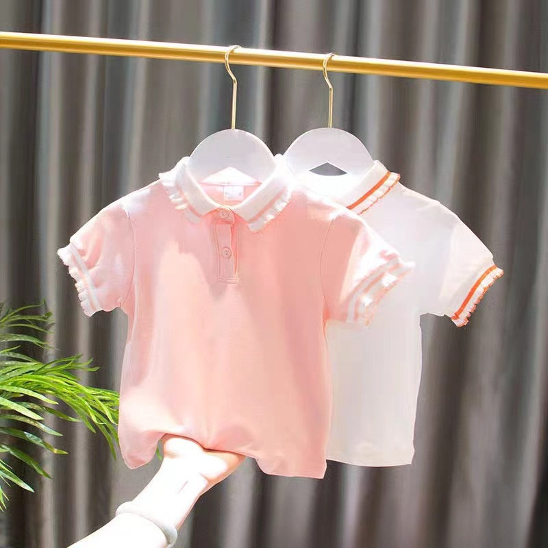 Áo Polo Tay Ngắn cho Bé Gái Bé trai Áo Cotton áo sơ mi ngắn tay màu hồng màu trắng thời trang mùa Xuân Hè