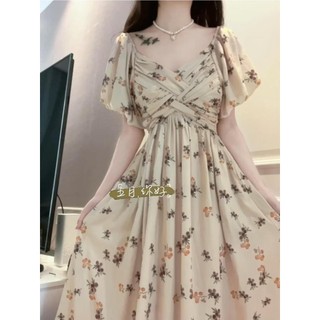 Plus Size Pháp Nhẹ Nhàng Cổ Chữ V Hoa Nữ Mùa Hè Mới Tay Phồng Tính Khí Váy Điều Khiển Eo