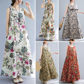 Ayyufe Mùa Hè Cổ Tròn Không Tay Đầm Maxi Nữ In Hoa Quá Khổ Rời Viền Ngày Lễ Dài Quần Áo Nữ