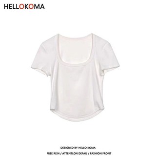 Croptop HELLO KOMA Trắng Cổ Chữ U Màu Trơn Áo Thun Nữ Mùa Hè Thiết Kế Ngắn Niche Tay Cô Gái Nóng Rốn 8EB8