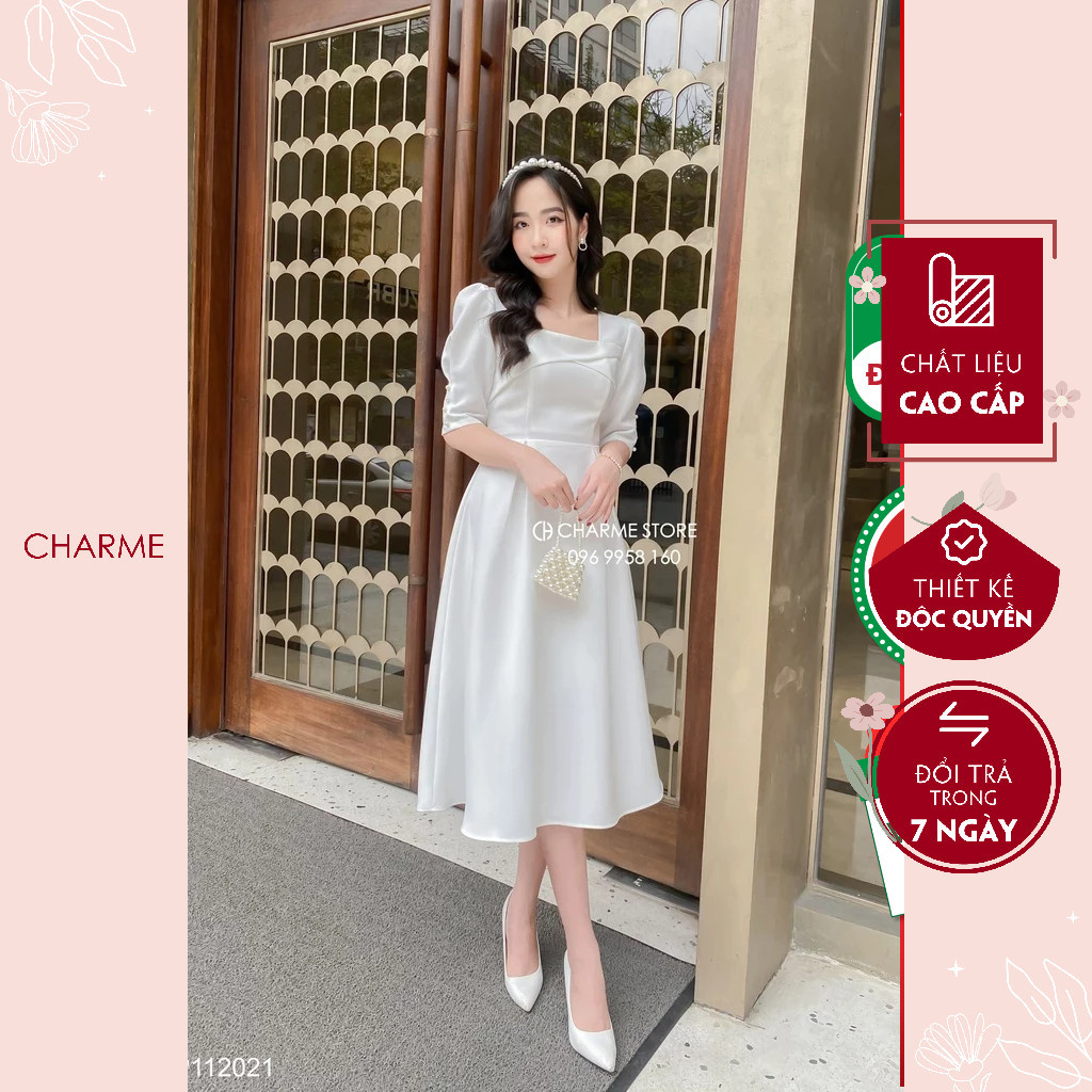 Váy Dự Tiệc Nữ Cổ Vuông CHARME 12021 Dáng Dài Xòe Tay Bồng Vạt Ngục Cho Nữ Đi Chơi, Đi Dự Tiệc