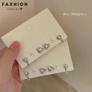 Faxhion Ngọt Ngào Zircon Trái Tim Bông Tai Bộ Magic Wand Bạc Bông Tai Dành Cho Nữ Trang Sức Phụ Kiện