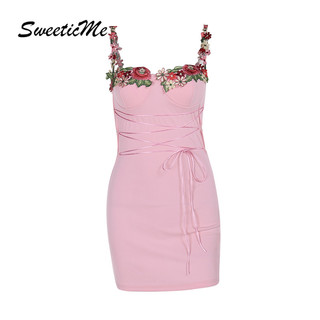 SweeticMe Váy Nữ Thời Trang Mới Hoa Ôm Vừa Vặn Gợi Cảm Nách Eo Đầm Mini