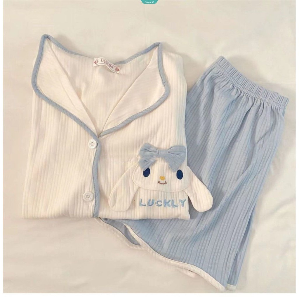 Mùa Hè Cinnamoroll Bé Gái Bộ Đồ Ngủ Mỏng Phần Thoải Mái Thoáng Khí Giả Cotton Cardigan Quần Short Tay Ngắn Phong Cách Công Chúa Homewear Set [GM]