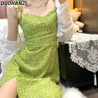 Duohanzi Váy nữ màu xanh Pháp platycodon hoa mùa hè mới bên bờ biển kỳ nghỉ treo váy