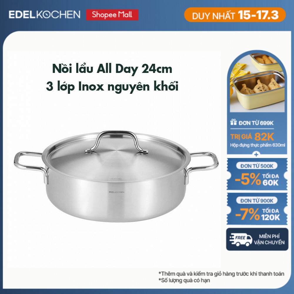 Nồi lẩu inox 3 lớp nguyên khối Edelkochen All Day Collection size 24cm