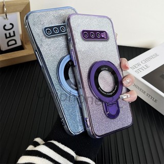 Ốp lưng giá đỡ sang trọng Samsung S10 S9 S8 Plus Vỏ điện thoại di động mạ điện Bao gồm tất cả cạnh Vỏ mềm chống rơi với giá đỡ từ kim loại tròn