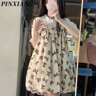 Pinxiang Nữ Mới Cổ Búp Bê Áo Sơ Mi Nơ Treo Hoa Puff Dress