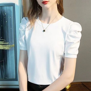 2024 Phong Cách Mới Hợp Thời Trang Nữ Cổ Tròn Áo Thun Phong Cách Pháp Tay Phồng Thời Trang Top 100% Cotton Áo Thun Nữ Tay Ngắn Mùa Hè