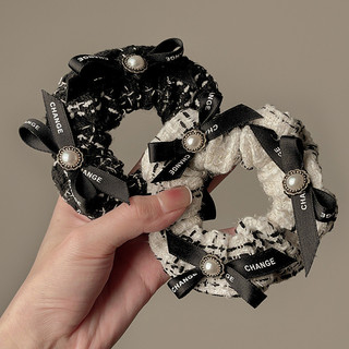 Scrunchies dây cột tóc vải dạ tweed đính nơ kèm hạt châu sang trọng hiện đại S29