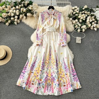 Phụ Nữ Thanh Lịch Thời Trang Vintage In Hình Bãi Biển Kỳ Nghỉ Tiệc Đi Biển Mùa Xuân Thu Nơ Cổ Đèn Lồng Tay Cao Cấp Ôm Chữ A Váy