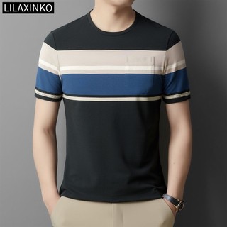 Áo Nam Quần Áo Cổ Tròn Cotton Sọc Cơ Bản Tay Ngắn Top Áo Sơ Mi Cổ Điển Thời Trang Quần Áo Bỏ Túi