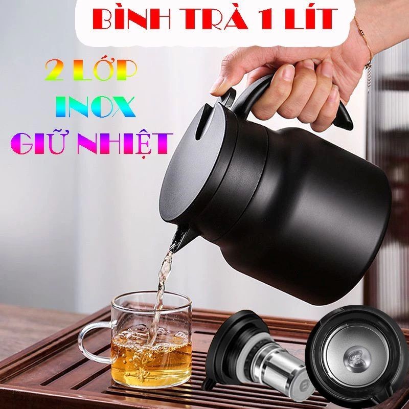 Bình trà giữ nhiệt có lưới lọc trà lõi inox 316 dung tích 1 lít - Phích nước nóng có tay cầm
