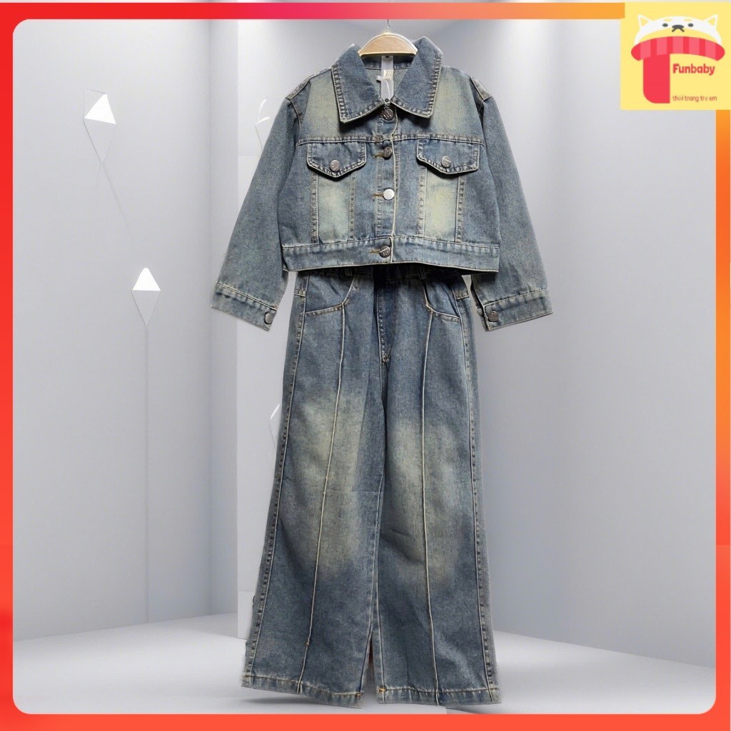 Đồ bộ thu đông cho bé gái vải bò 5-10 tuổi áo cropto quần ống suông dáng thời trang