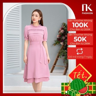 Đầm Xòe NK FASHION Thiết Kế Cổ Nhún Tay Bồng Nữ Tính Chất Vải Nhập Hàn Dày Dặn Cao Cấp NKDV2302003