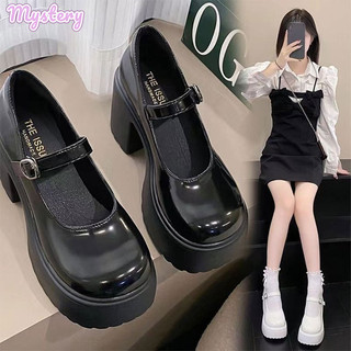 Giày da nhỏ gót khối dễ thương Giày nữ đế bệt 10cm cổ điển Mary Jane