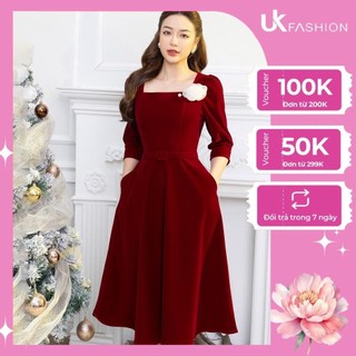 Đầm Nhung Cổ Vuông UK FASHION Thiết Kế Tay Bồng Tiểu Thư Chất Liệu Vải Nhập Hàn Cao Cấp NKDV2211005
