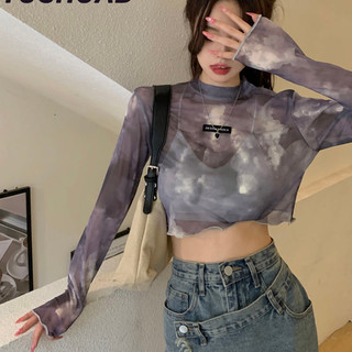 Kyushuad Áo thun lưới nhuộm rốn ngắn bé gái 20224 mùa hè hot girl thiết kế áo thon gọn lưng cao