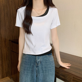 Áo thun ngắn tay vừa vặn 100% cotton cổ tròn giả hai mảnh thời trang dành cho nữ
