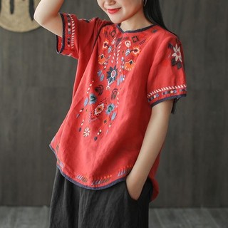 Công nghiệp nặng Áo thun Cotton và vải lanh chất lượng tốt Mùa hè Mới Retro Nghệ thuật dáng rộng Áo thun đa năng màu trắng dành cho nữ