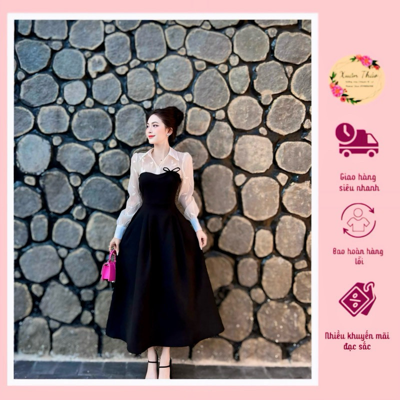 Đầm Maxi Thiết Kế Cổ Sơ Mi Phối Tay Dài  Dự Tiệc Sang Chảnh,Váy Maxi Dài Tay Đi Biển Dạo Phố - XT.Fa